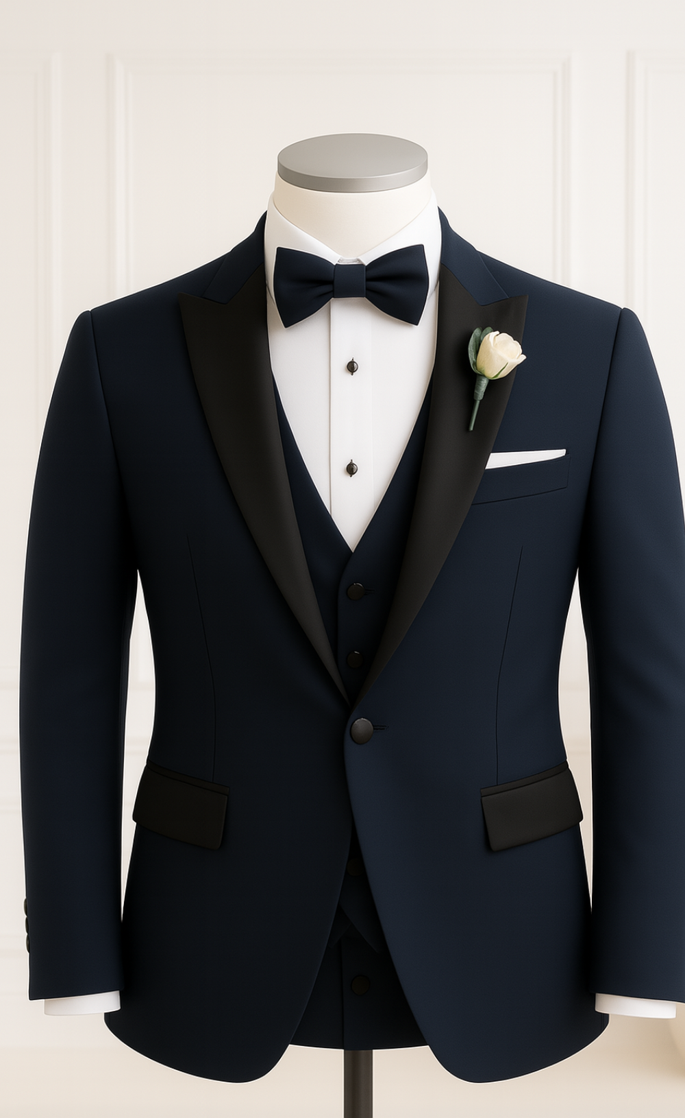 Midnight Navy Tuxedo Suit with Black Satin Lapel – 3 Piece Wedding & Formalwear Set