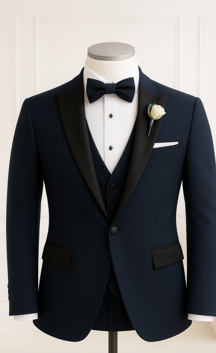Midnight Navy Tuxedo Suit with Black Satin Lapel – 3 Piece Wedding & Formalwear Set