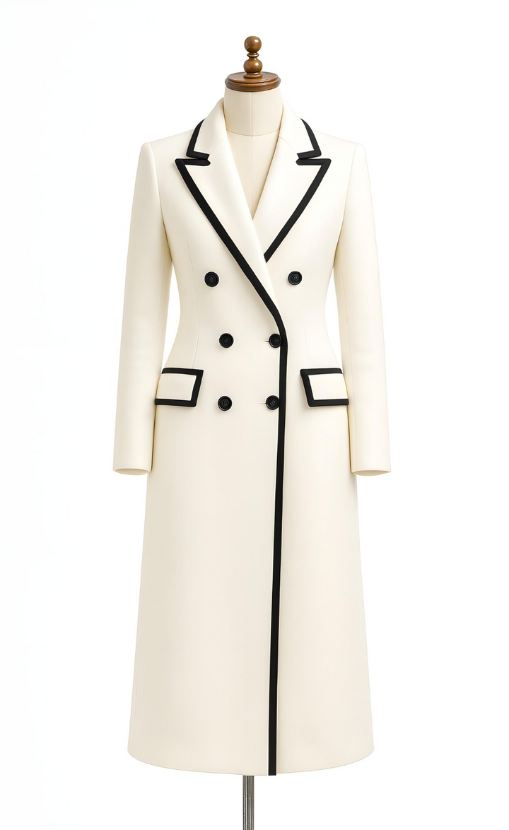 Off-White Wool Women’s Double-Breasted Trench Coat with Black Contrast Trim