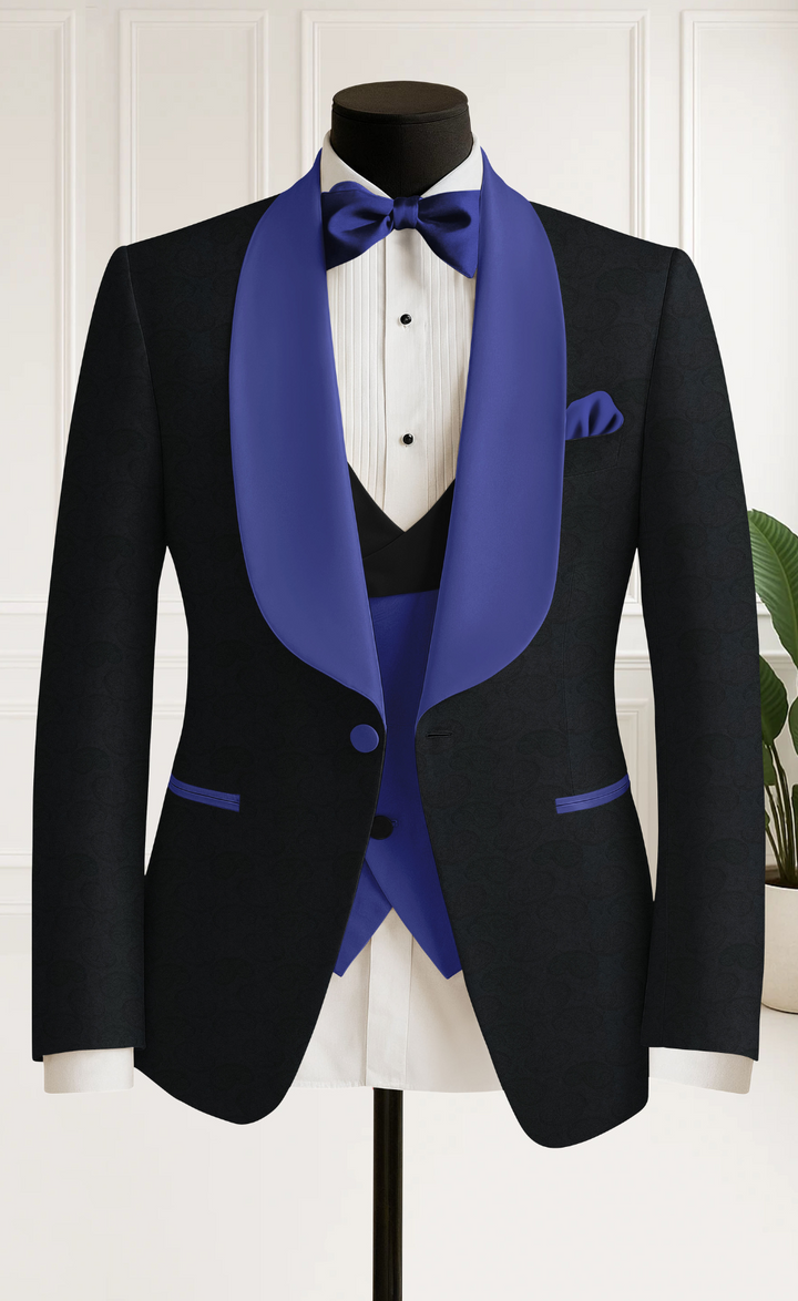 Black Jacquard 3-Piece Tuxedo with Royal Blue Satin Lapel & Pants