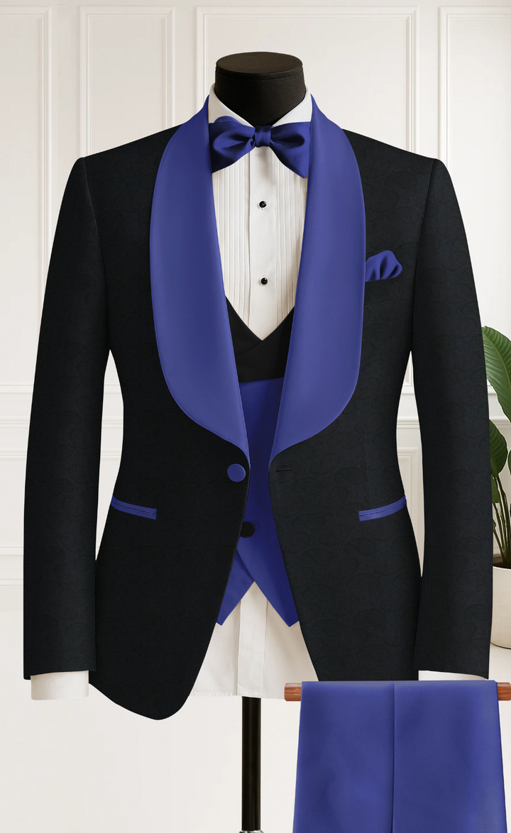 Black Jacquard 3-Piece Tuxedo with Royal Blue Satin Lapel & Pants