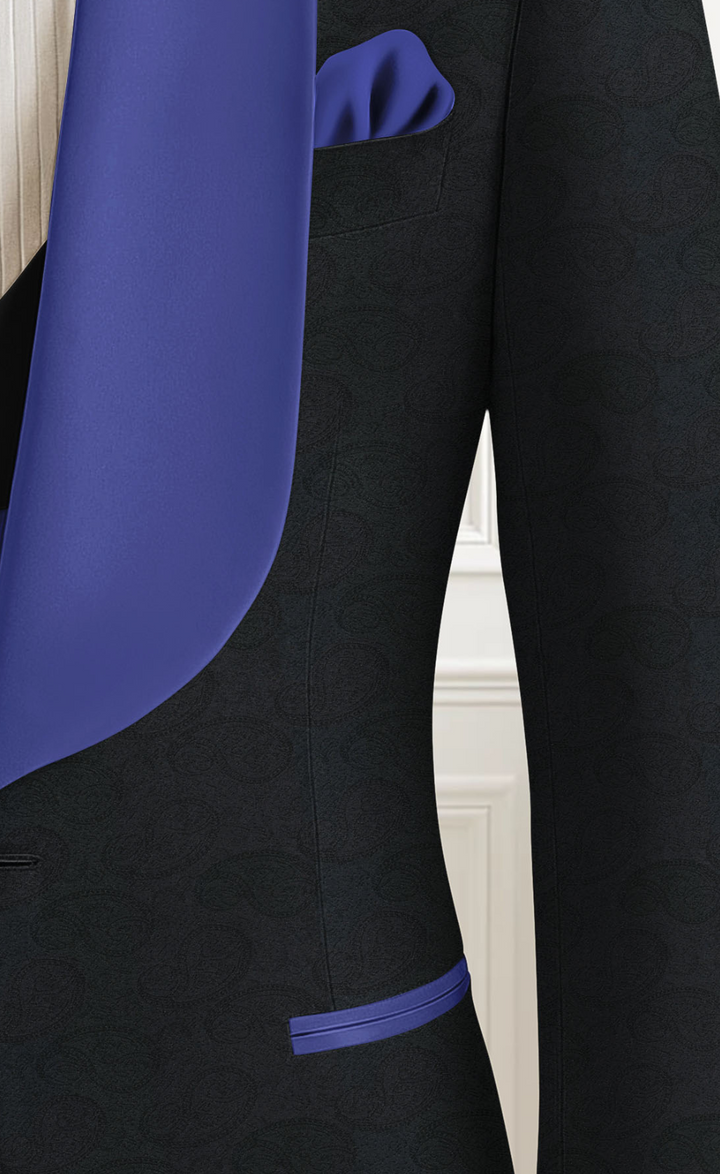 Black Jacquard 3-Piece Tuxedo with Royal Blue Satin Lapel & Pants