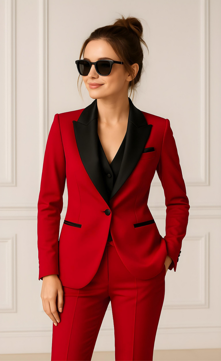 Red Three-Piece Tuxedo Suit with Black Vest – Bold Elegance. Fearless Tailoring