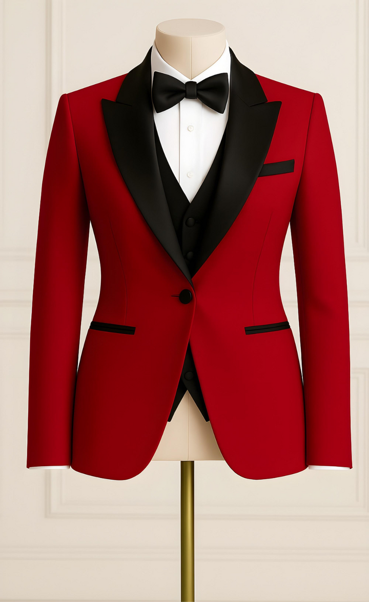 Red Three-Piece Tuxedo Suit with Black Vest – Bold Elegance. Fearless Tailoring