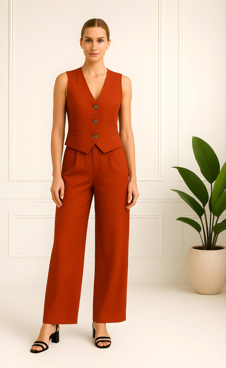 Rust Linen Pants and Vest Set for Women – Summer Co-Ord Set | Breathable Tailored Linen Suit