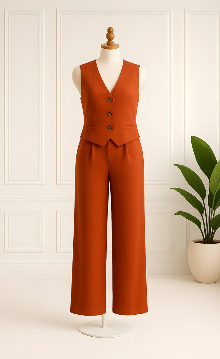 Rust Linen Pants and Vest Set for Women – Summer Co-Ord Set | Breathable Tailored Linen Suit