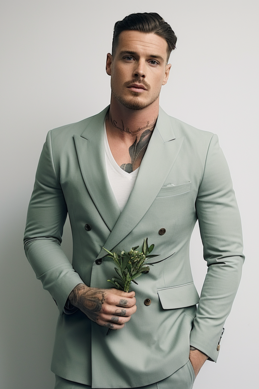 Men's Sage Green Double-Breasted Suit - Luxurious Tailored Fit Business Attire - Standout Formal Wear