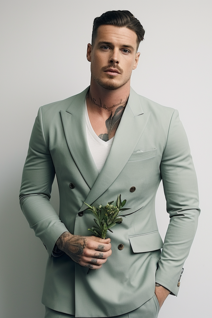 Men s Sage Green Double Breasted Suit Luxurious Tailored Fit Busines VARDO