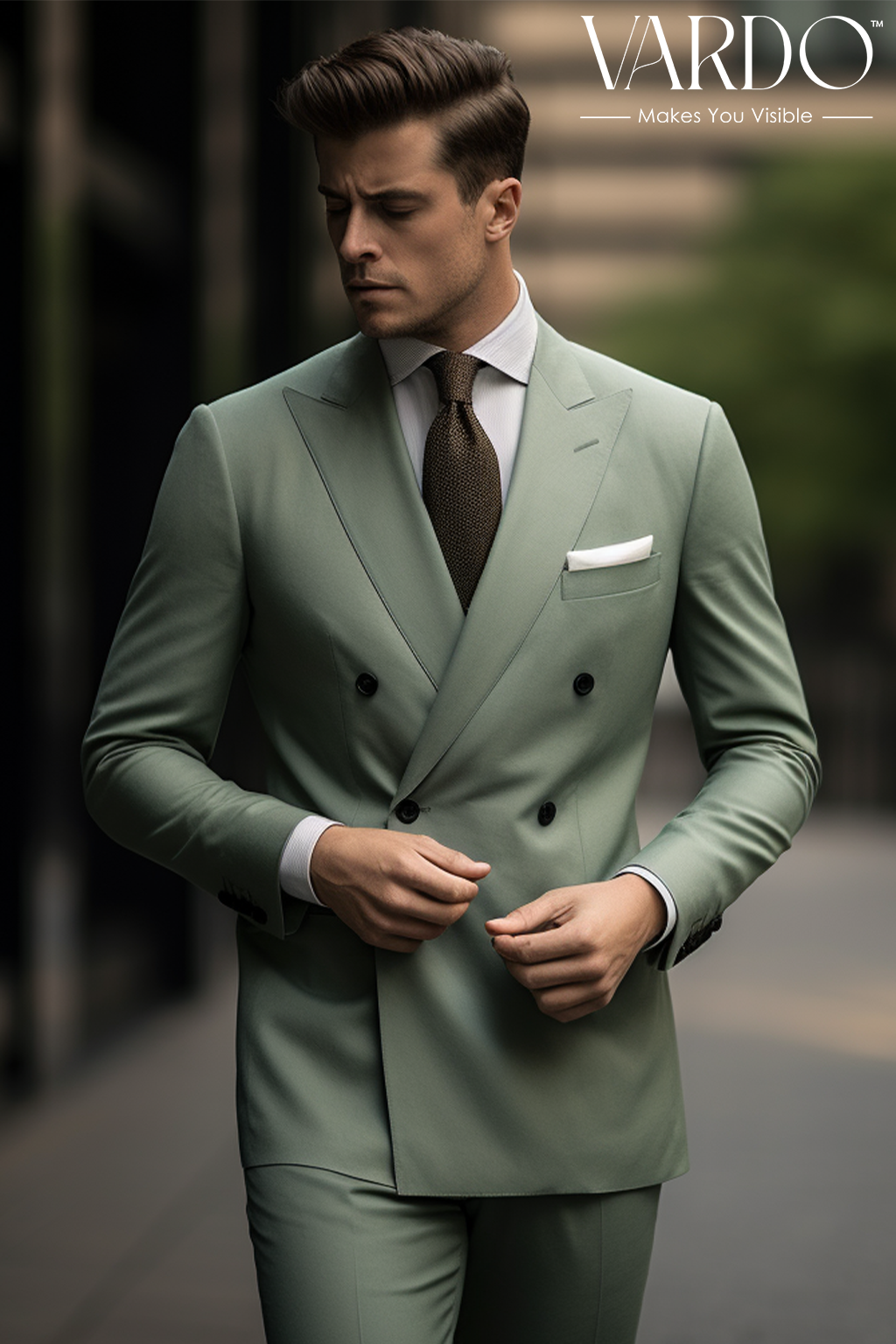 Stylish Sage Green Double Breasted Suit for Men