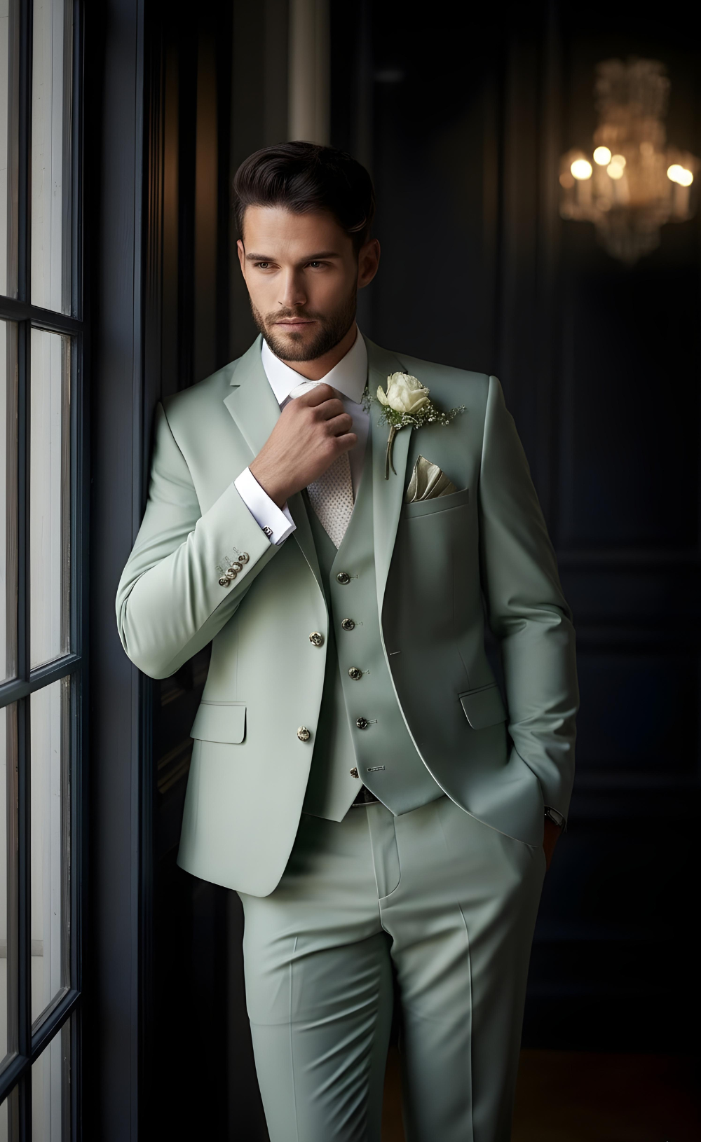 Elegant Sage Green Three-Piece Suit for Men