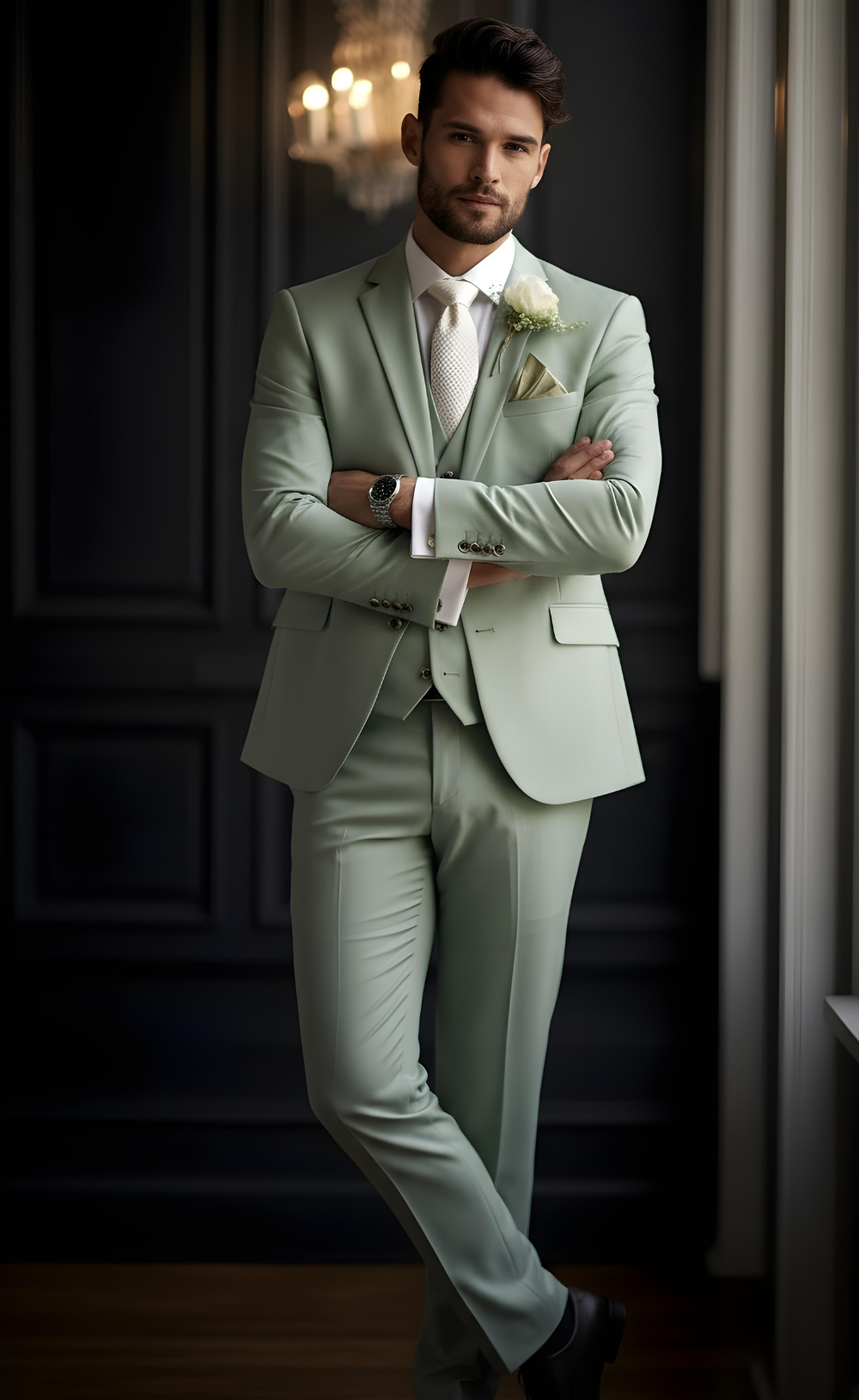 Elegant Sage Green Three-Piece Suit for Men