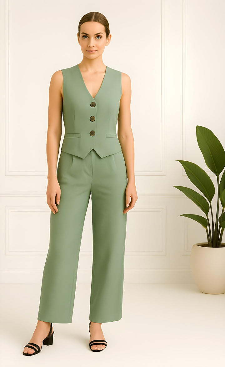 Sage Green Linen Vest and Pant Set for Women – Trendy Two-Piece Summer Co-ord Outfit