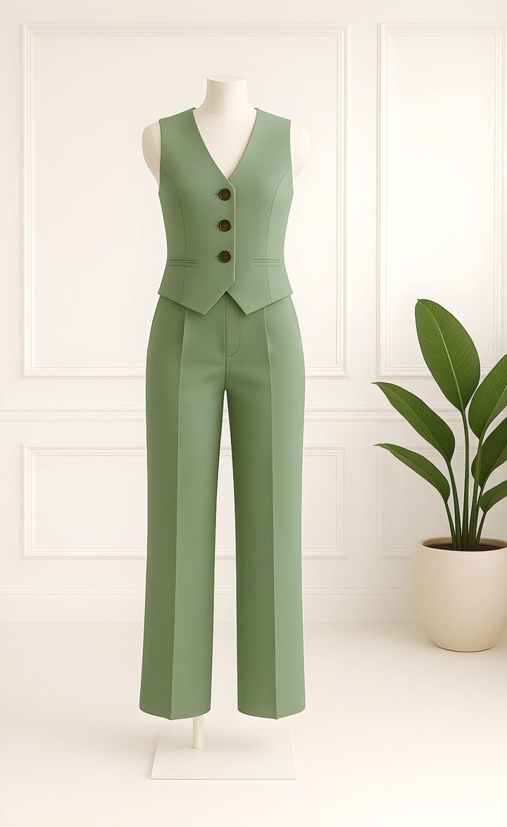 Sage Green Linen Vest and Pant Set for Women – Trendy Two-Piece Summer Co-ord Outfit