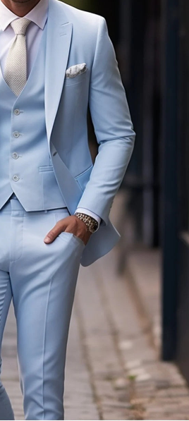 Premium Quality Wedding or Formal Occasion Suit Icy Blue Three Piece Suit for Men