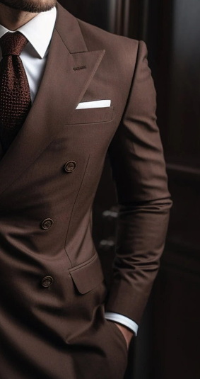 Handcrafted Wood Brown Double Breasted Suit for Men