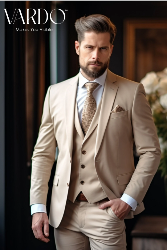 Classic Beige Three-Piece Suit for Men - Elegant Tailoring, Versatile Style, The Rising Sun store, Vardo