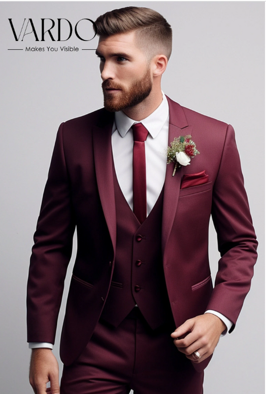 Men's Distinctive Burgundy 3-Piece Suit - Contemporary Tailored Fit - Elevate Your Formal Look, The Rising Sun Store, Vardo