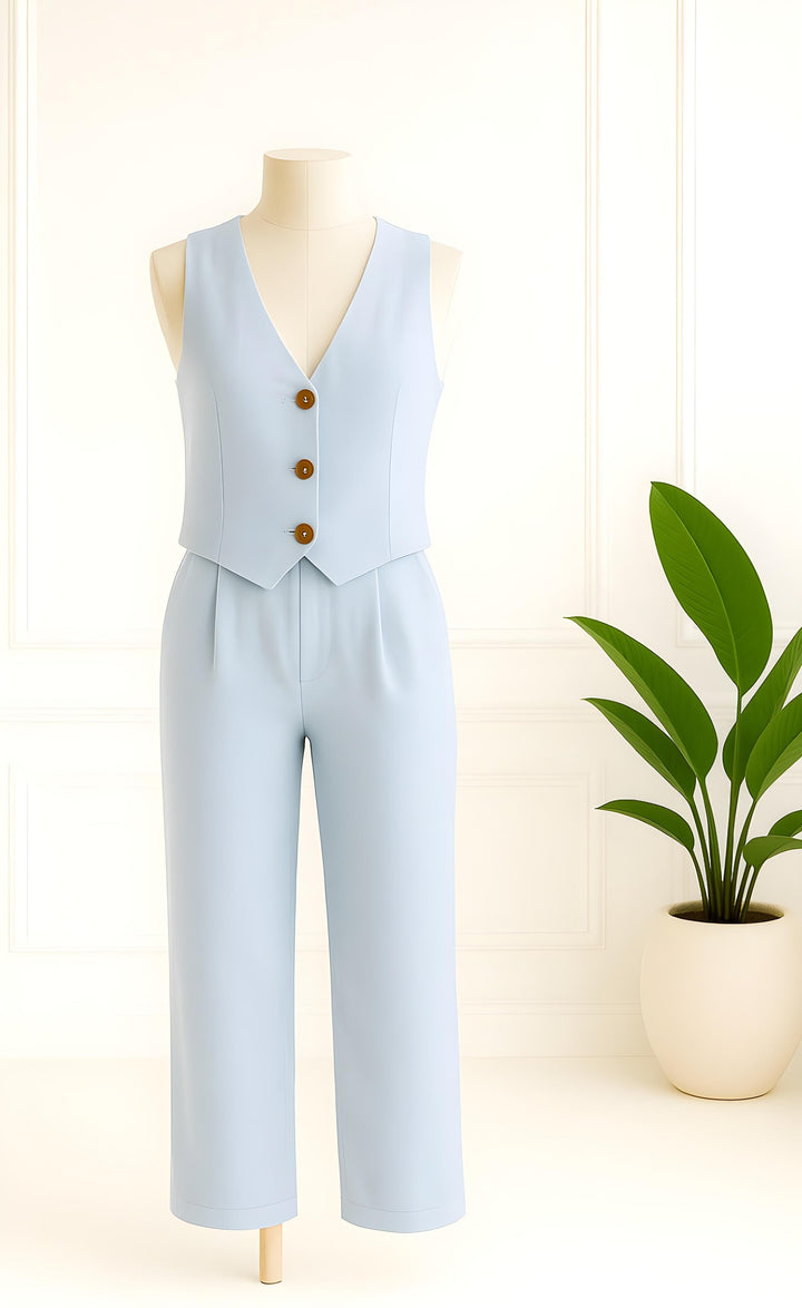 Sky Blue Linen Vest and Pant Set for Women – Elegant Lightweight Summer Co-Ord