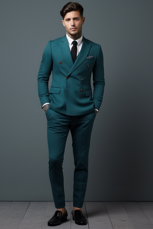 Men's Teal Blue Double-Breasted Suit - Modern Slim Fit Suit - Vibrant Formal & Business Attire