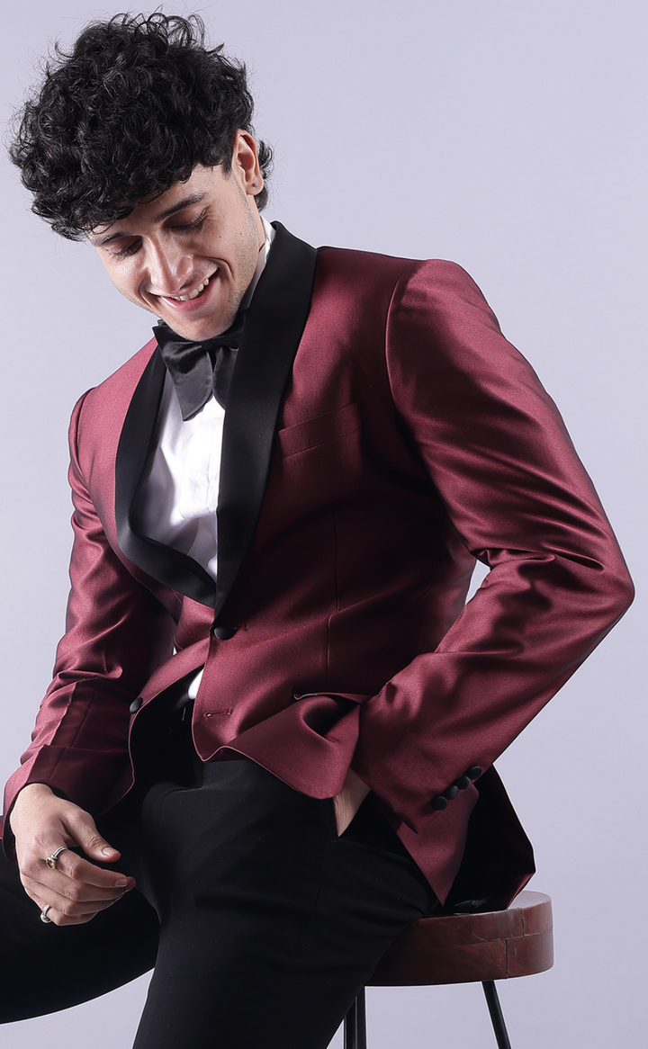 Men's Burgundy Tuxedo Jacket with Black Pant - Premium Terry Rayon Fabric, Elegant Formal Wear