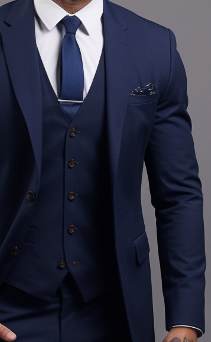 Classic Navy Blue Men's Three-Piece Notch Lapel Suit - Tailored Fit Formal Wear for Weddings, Business