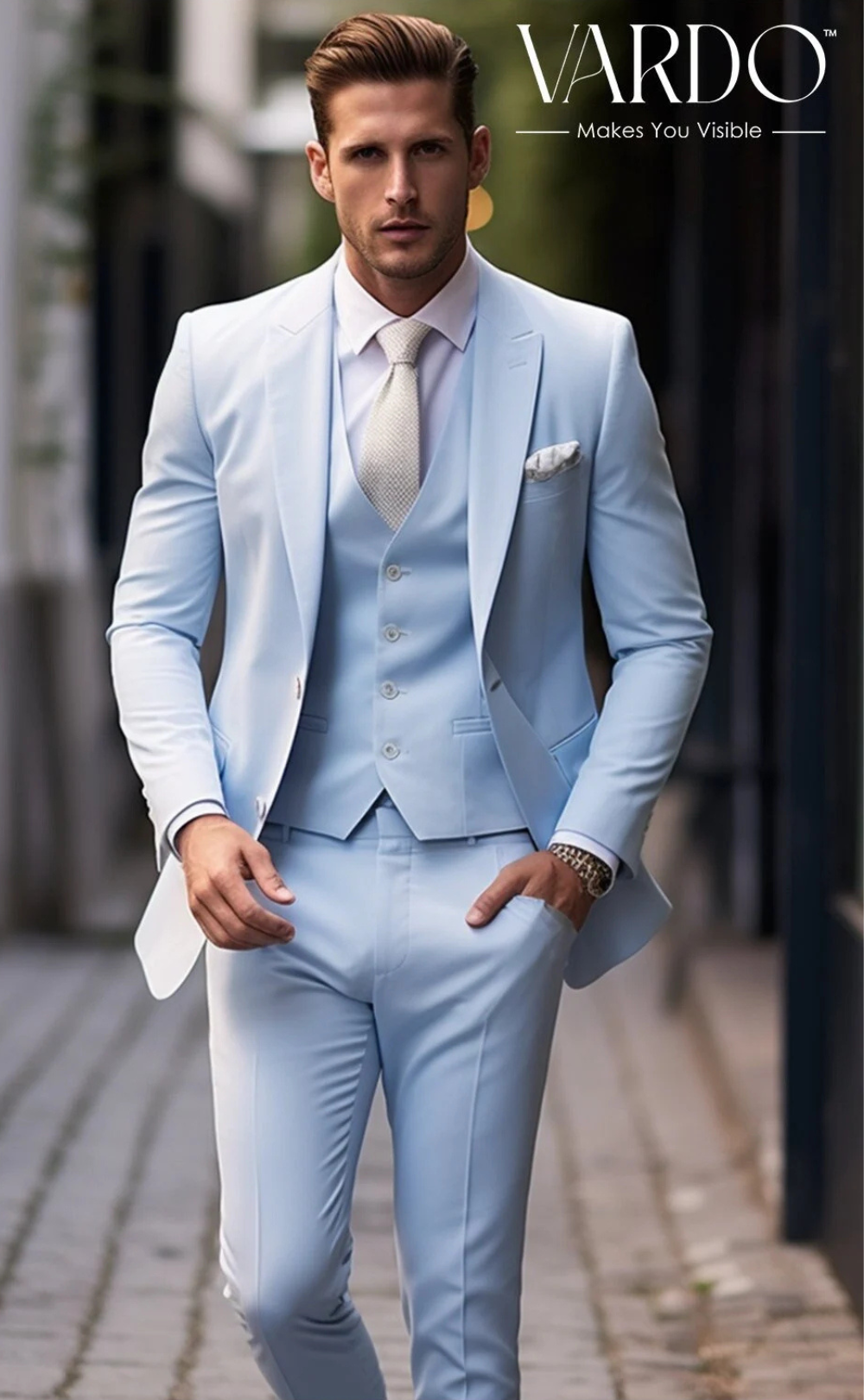 Premium Quality Wedding or Formal Occasion Suit Icy Blue Three Piece Suit for Men