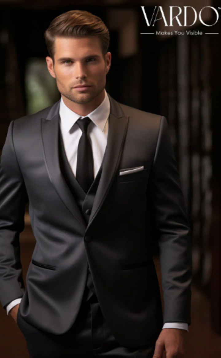 Elegant Dark Grey Three Piece Tuxedo Suit for Men