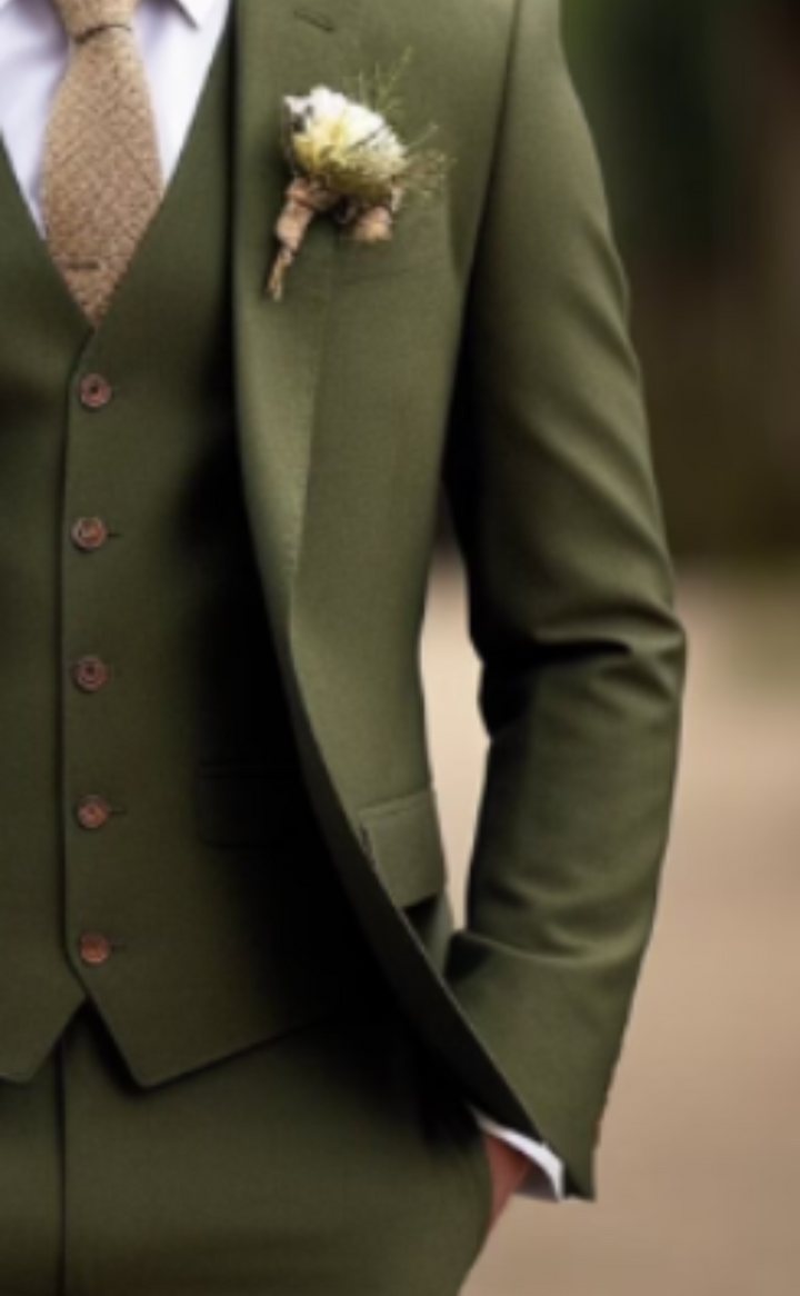 Men's Khaki Green Three Piece Suit