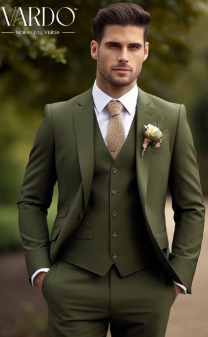 Men's Khaki Green Three Piece Suit