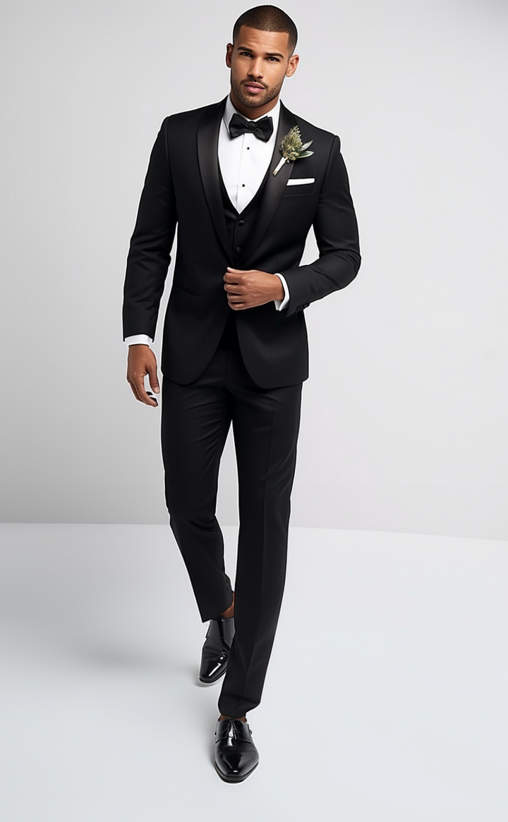 Men's Classic Black Shawl Lapel 3-Piece Tuxedo - Sleek Wedding and Event Attire - Timeless Formal Suit