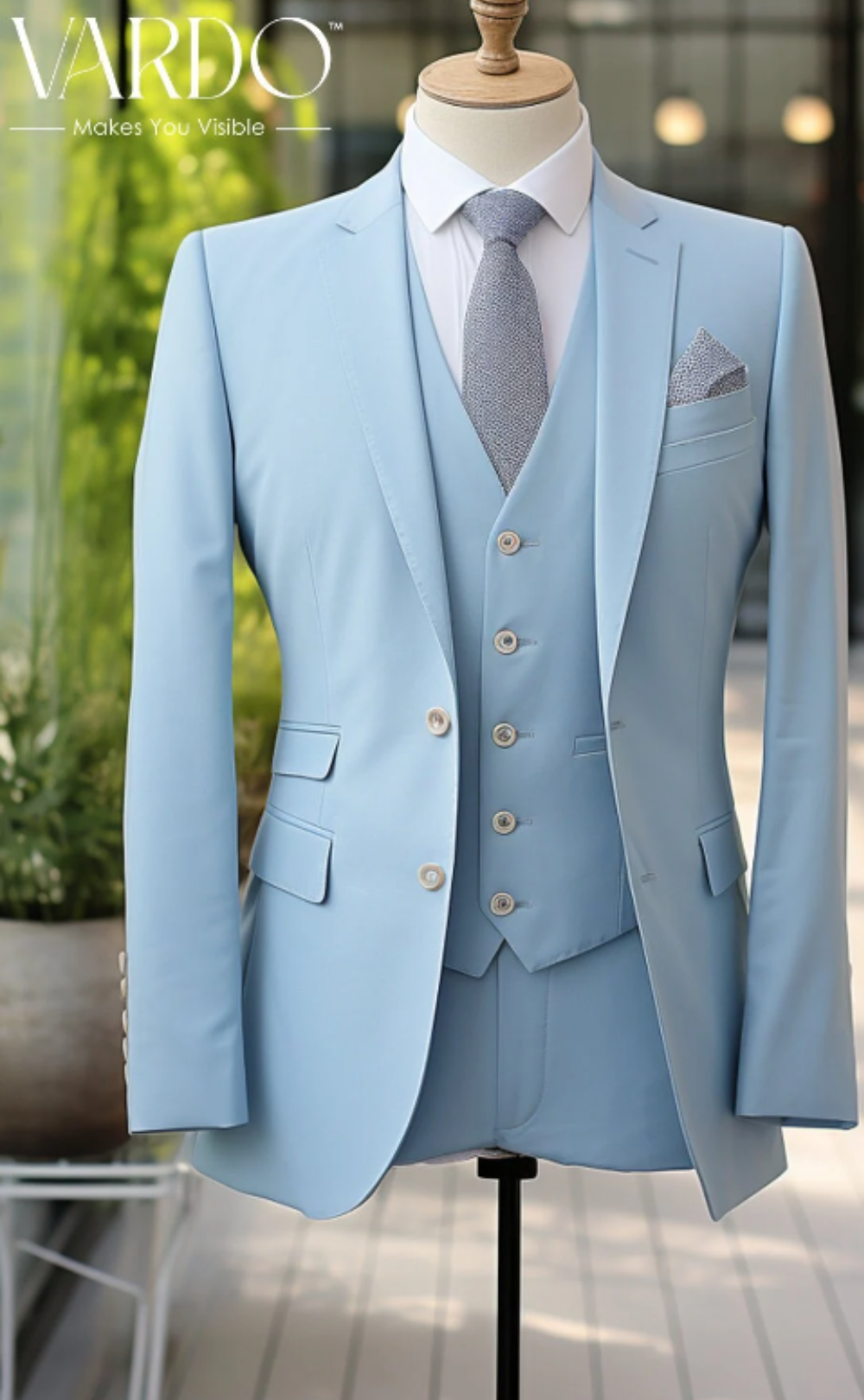 Stylish Sky Blue Three Piece Suit for Men-Wedding, Formal, and Special Occasion Attire- Tailored Suit - The Rising Sun store, Vardo