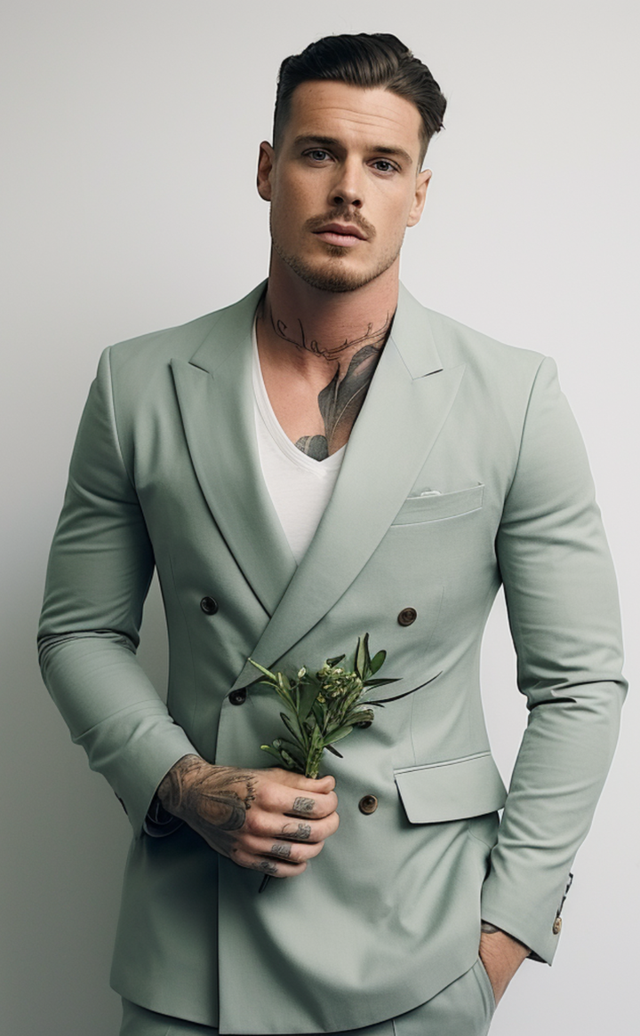 Men's Sage Green Double-Breasted Suit - Luxurious Tailored Fit Business Attire - Standout Formal Wear