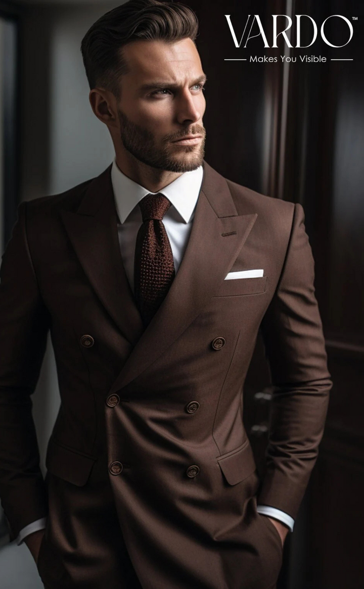 Handcrafted Wood Brown Double Breasted Suit for Men