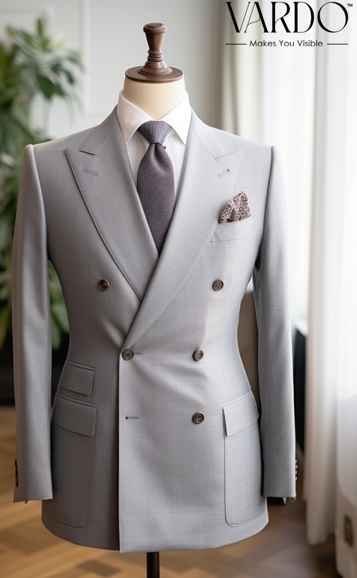 Stylish Men's Light Grey Double Breasted Suit