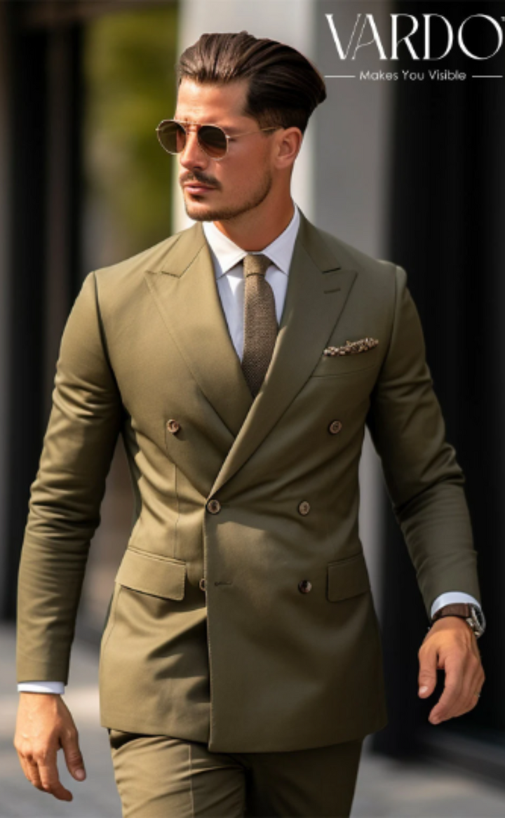 Elegant Olive Green Double Breasted Suit for Men