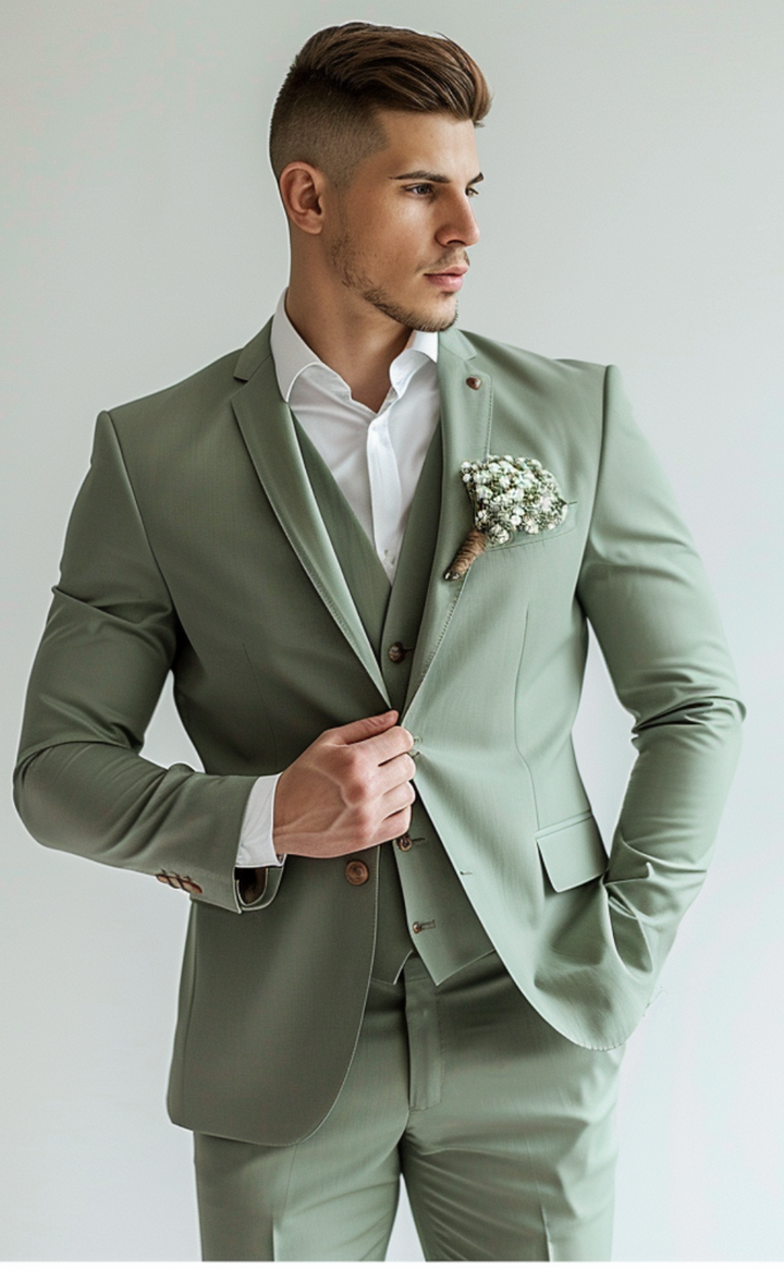 Sage Green Three-Piece Wedding and Business Suit for Men - Elegant and Versatile