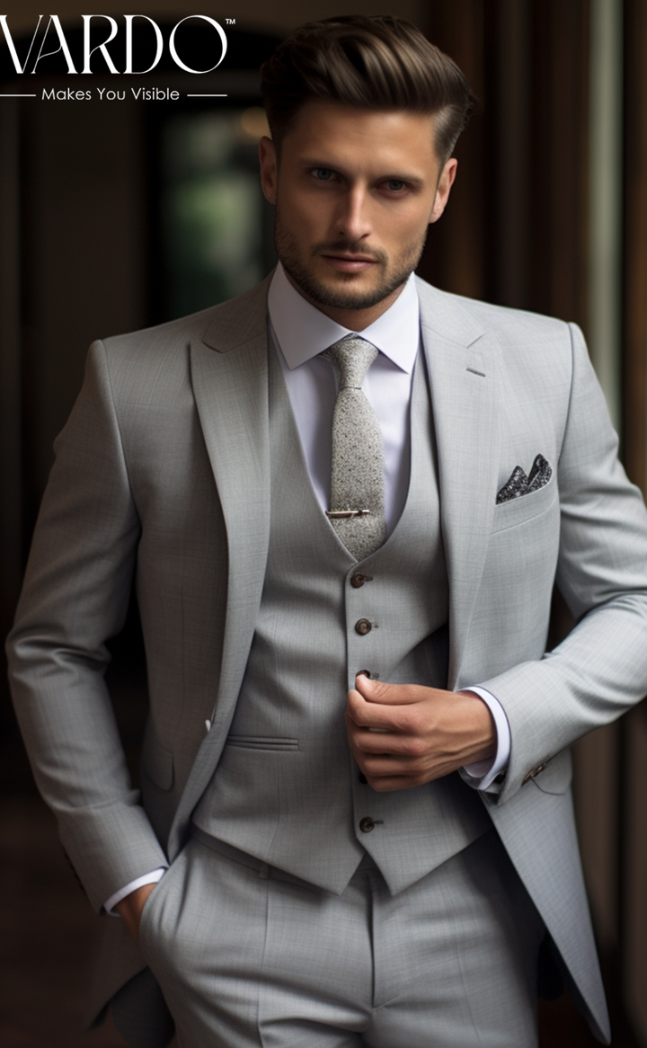 Classic Light Grey Three Piece Suit for Men