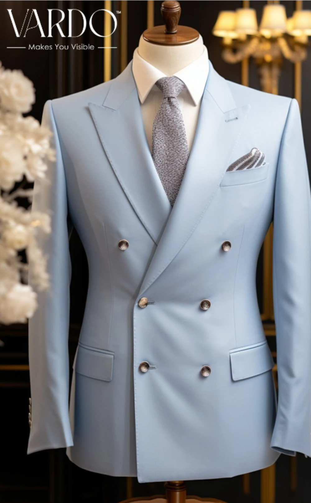 Elegant Light Sky Blue Double Breasted Suit for Men  - Tailored Fit, The Rising Sun store, Vardo