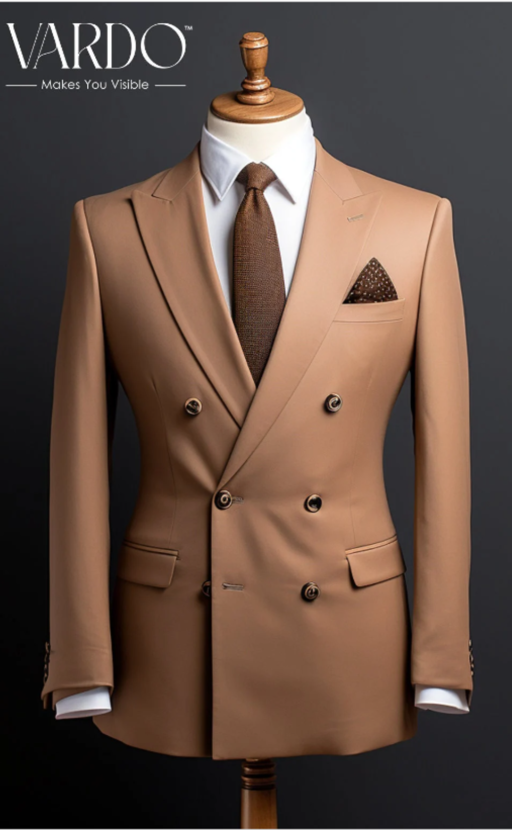 Elegant Sand Brown Double Breasted Suit for Men -Tailored Fit, The Rising Sun store, Vardo