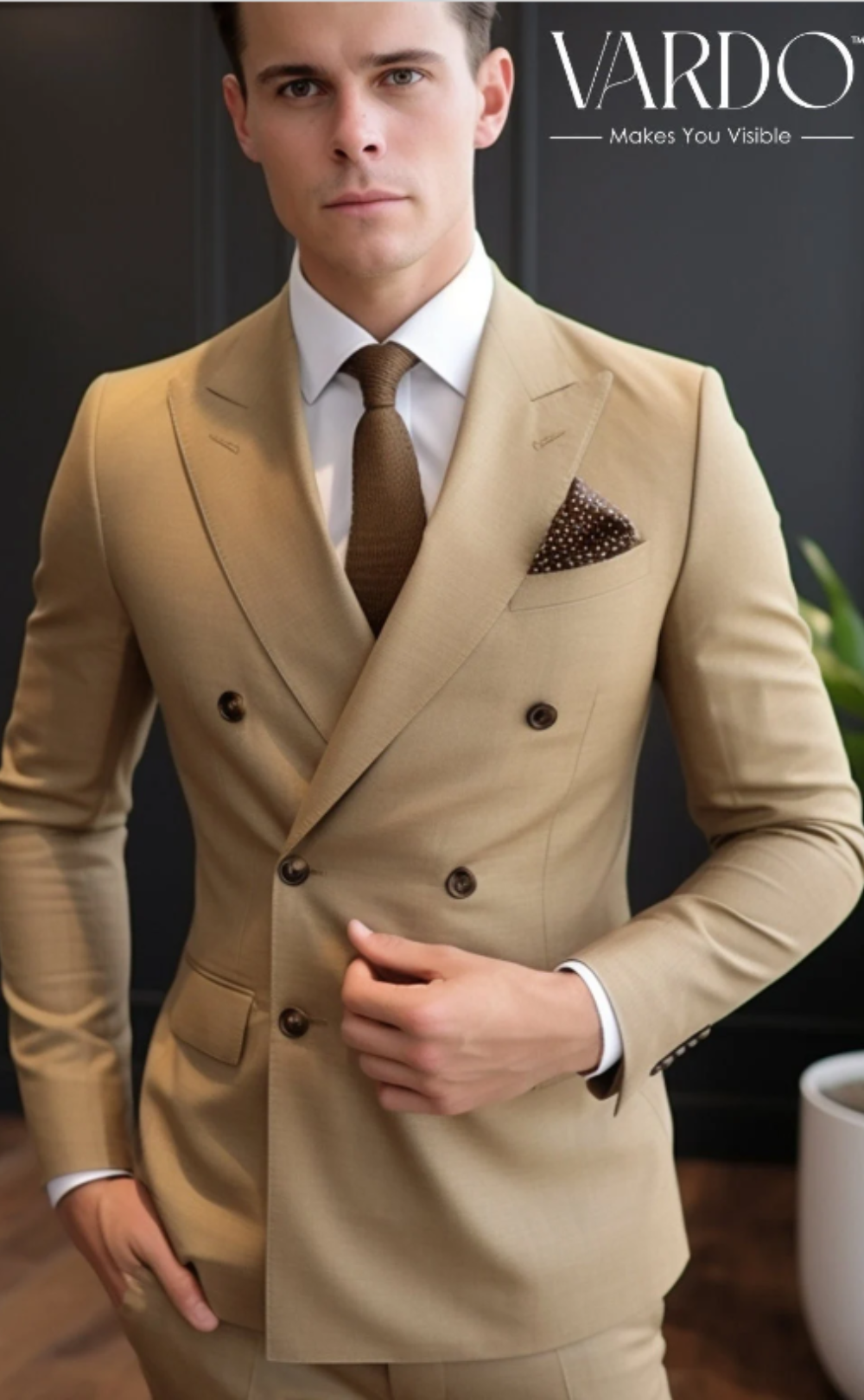 Elegant Light Golden Brown Double Breasted Suit- Premium Men's Wedding Suit - Tailored Fit, The Rising Sun store, Vardo