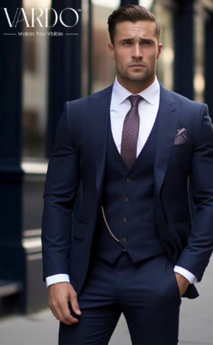 Elegant Men's Navy Blue Three Piece Suit