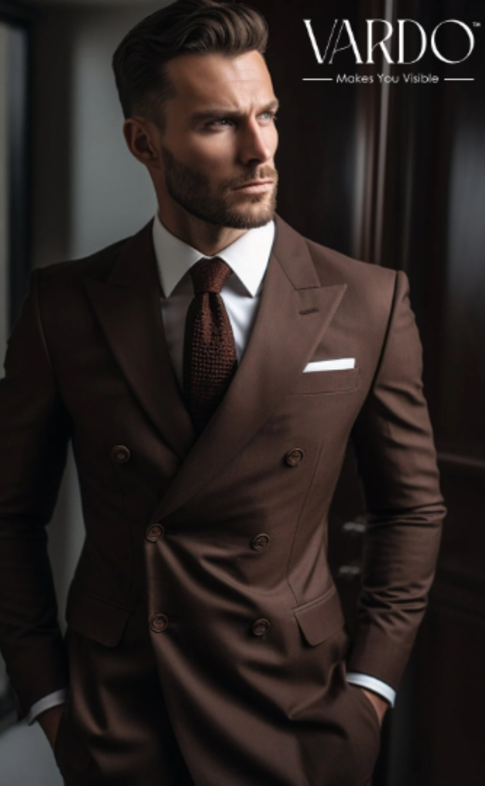 Handcrafted Wood Brown Double Breasted Suit for Men