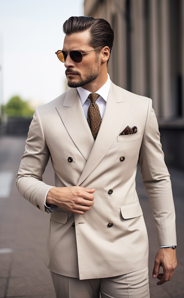 Beige Double Breasted Wedding and Business Suit for Men - Timeless, Versatile, and Elegant