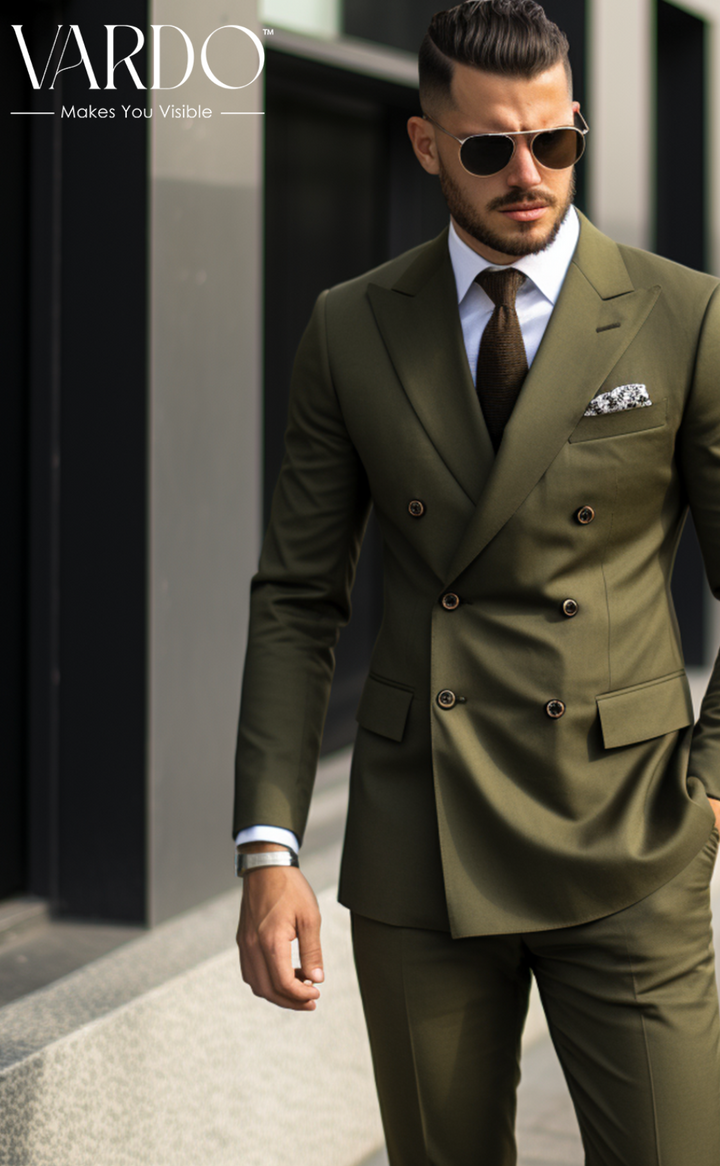 Classic Elegance Khaki Green Double Breasted Suit