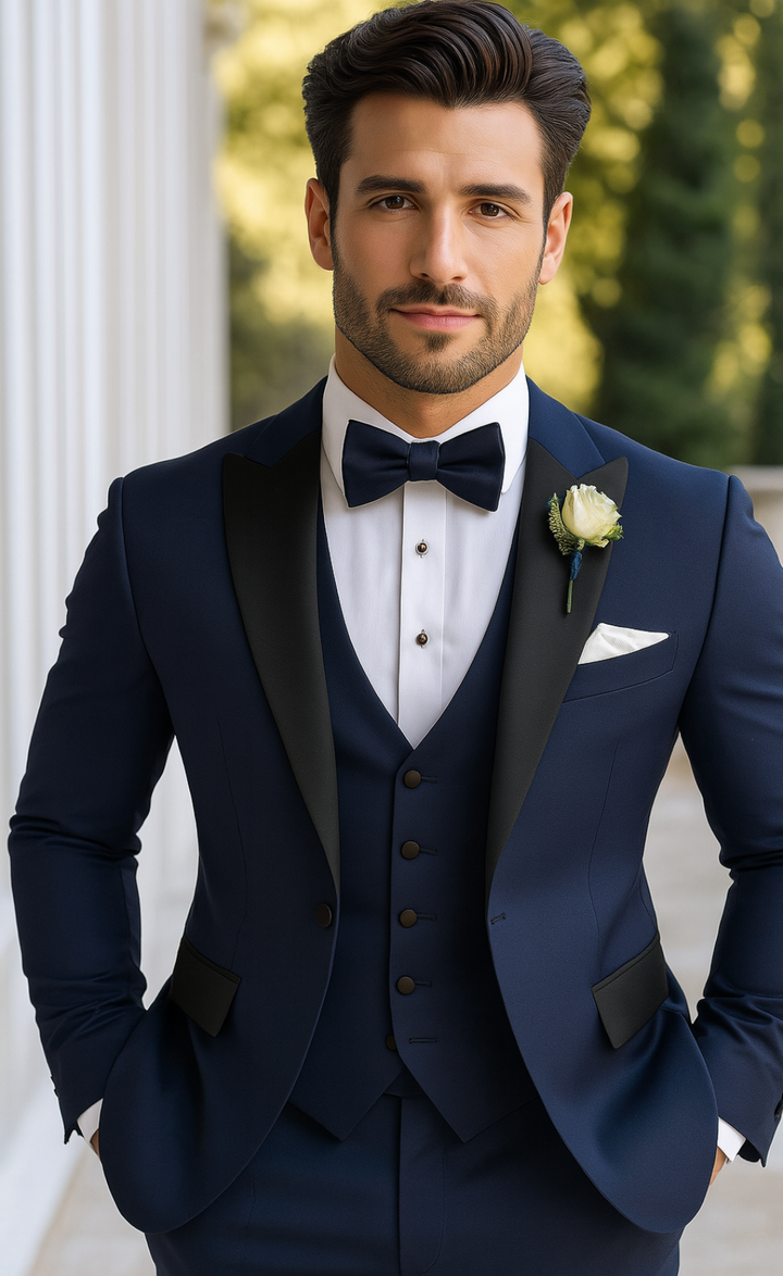 Midnight Navy Tuxedo Suit with Black Satin Lapel – 3 Piece Wedding & Formalwear Set