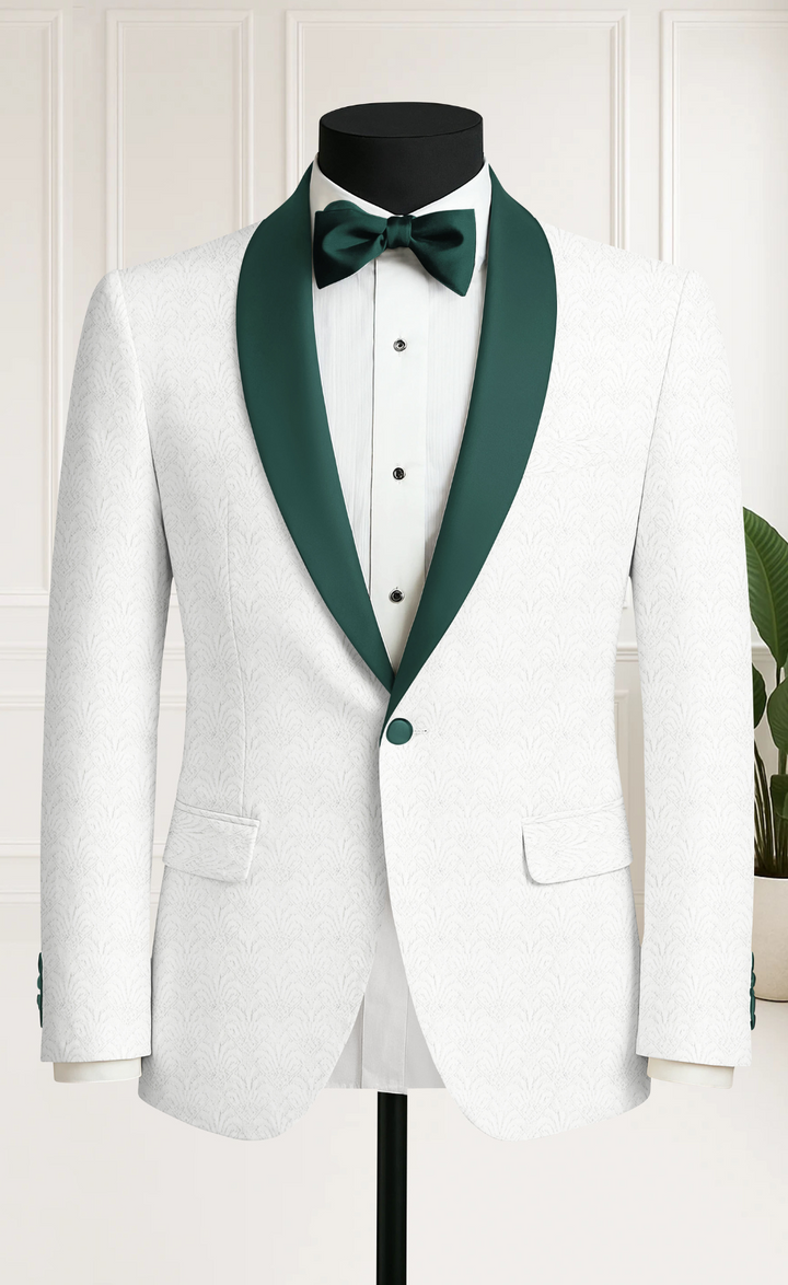 White Jacquard Tuxedo with Emerald Green Satin Lapel & Pants