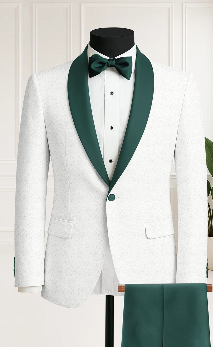 White Jacquard Tuxedo with Emerald Green Satin Lapel & Pants