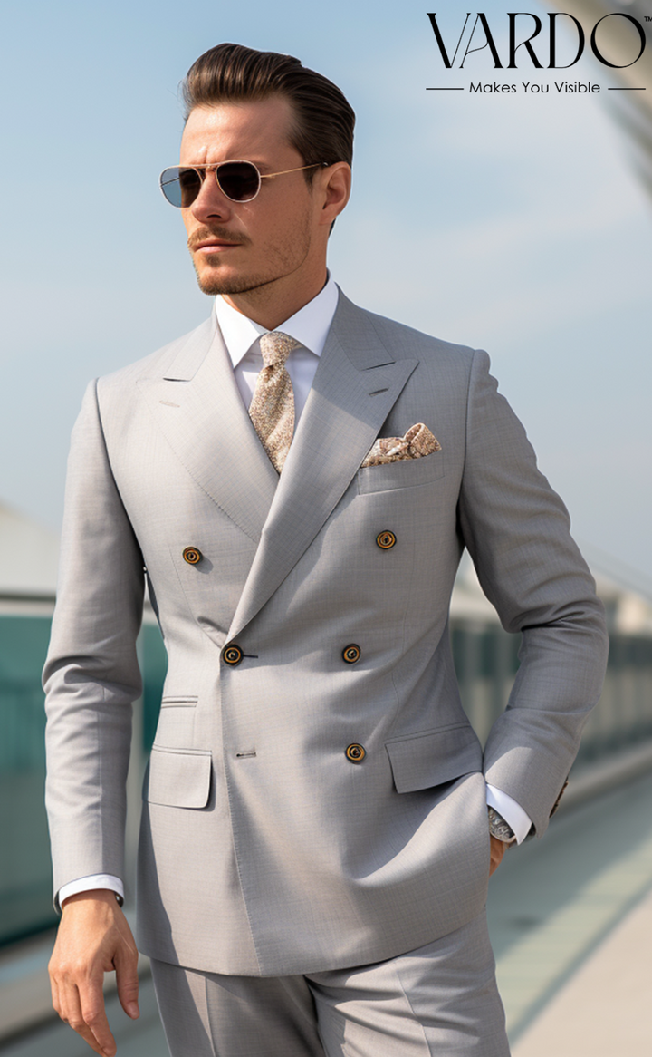 Light Grey Double Breasted Suit for Men Classic