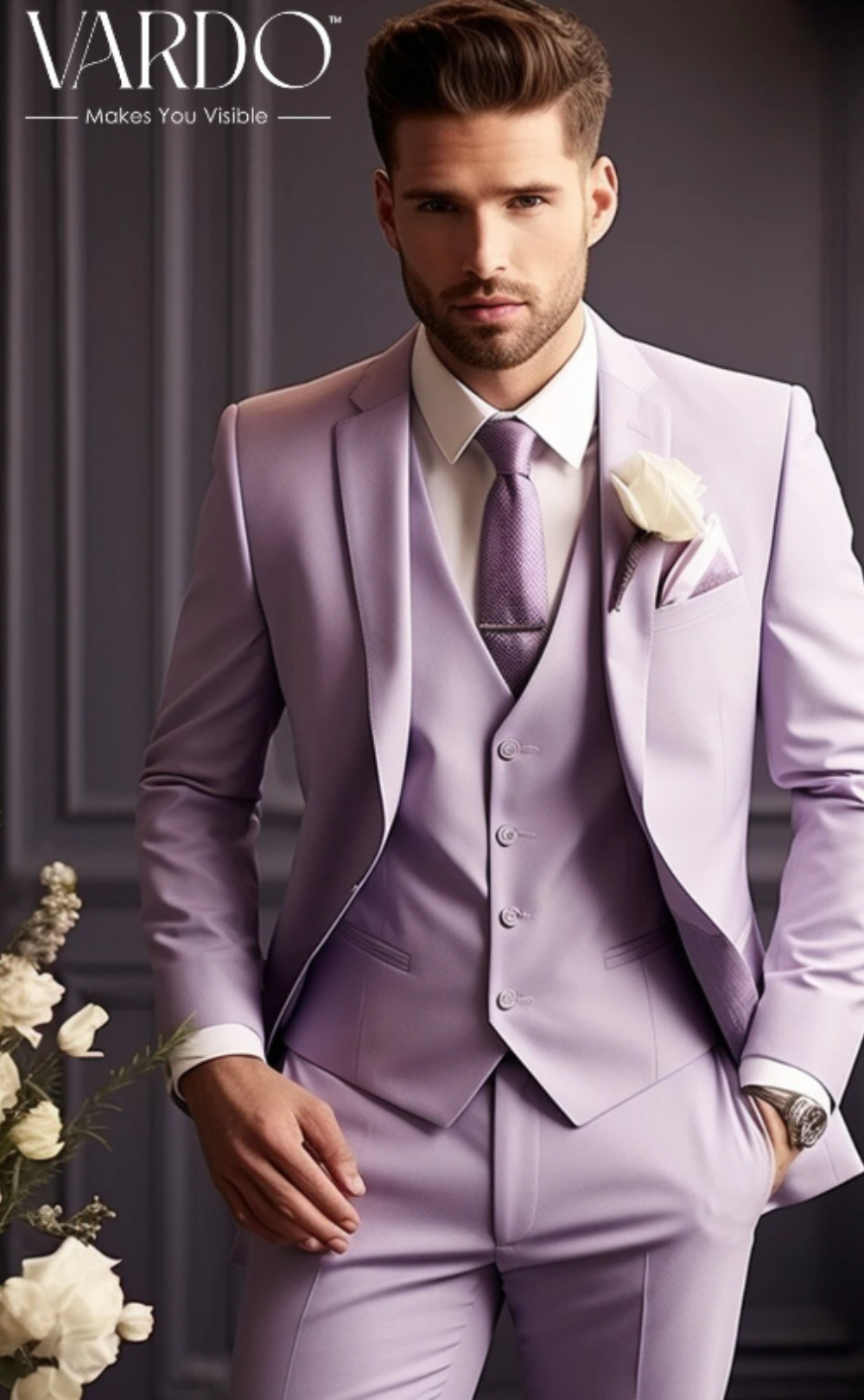 Stylish Men's Light Purple Three-Piece Suit