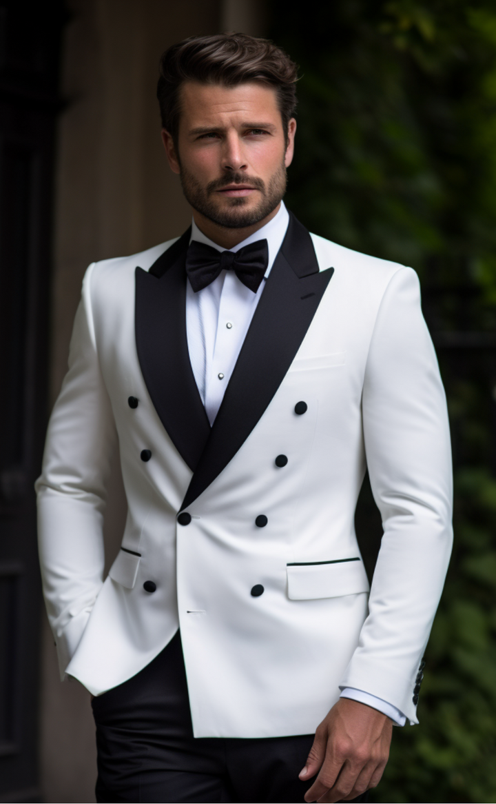 White Double Breasted Tuxedo with Black Satin Lapels